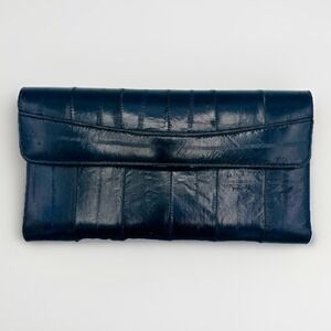 Vintage Navy Blue Eel Skin TriFold Wallet Checkbook Cards Coins Korea